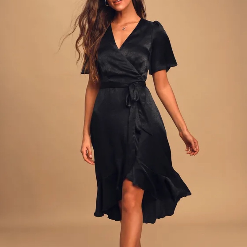 Black Satin Faux-Wrap Midi Dress
